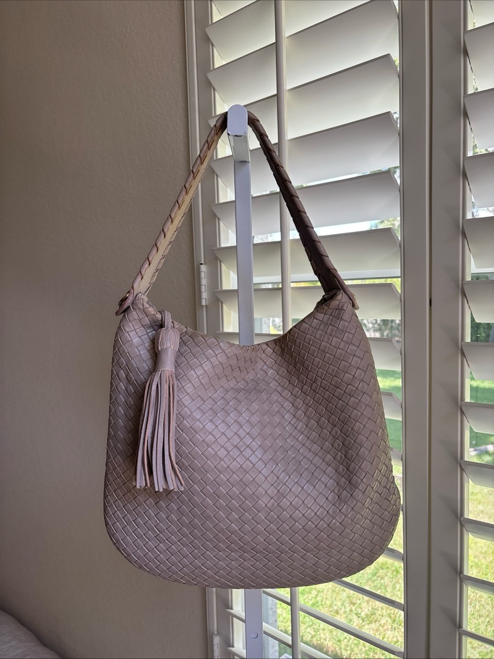 MILANER Ziza Woven Leather Hobo Purse Shoulder Bag Taupe Made In Italy